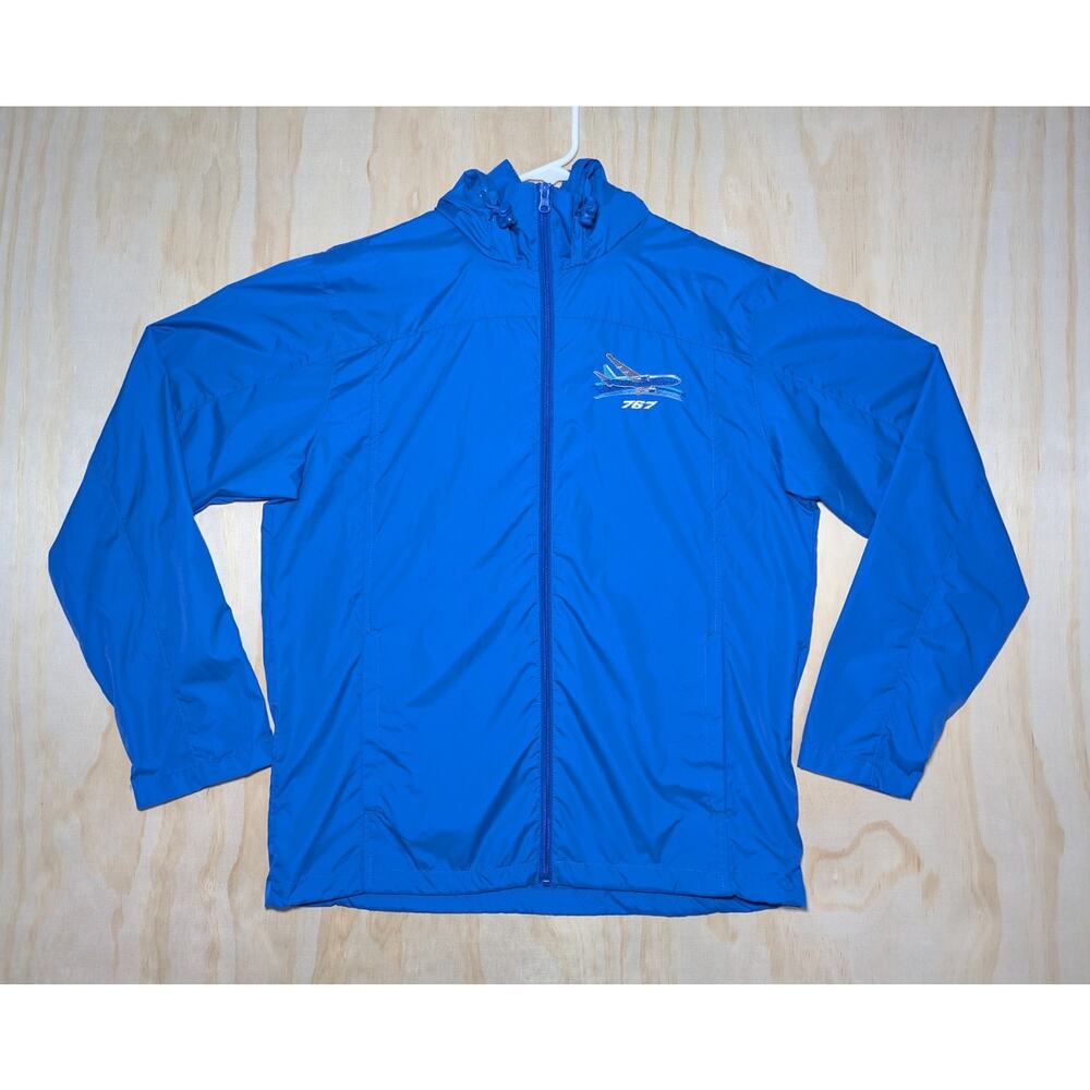 Boeing Men's Small 767 Windbreaker Jacket Royal Blue Full Zip Hooded Aviation